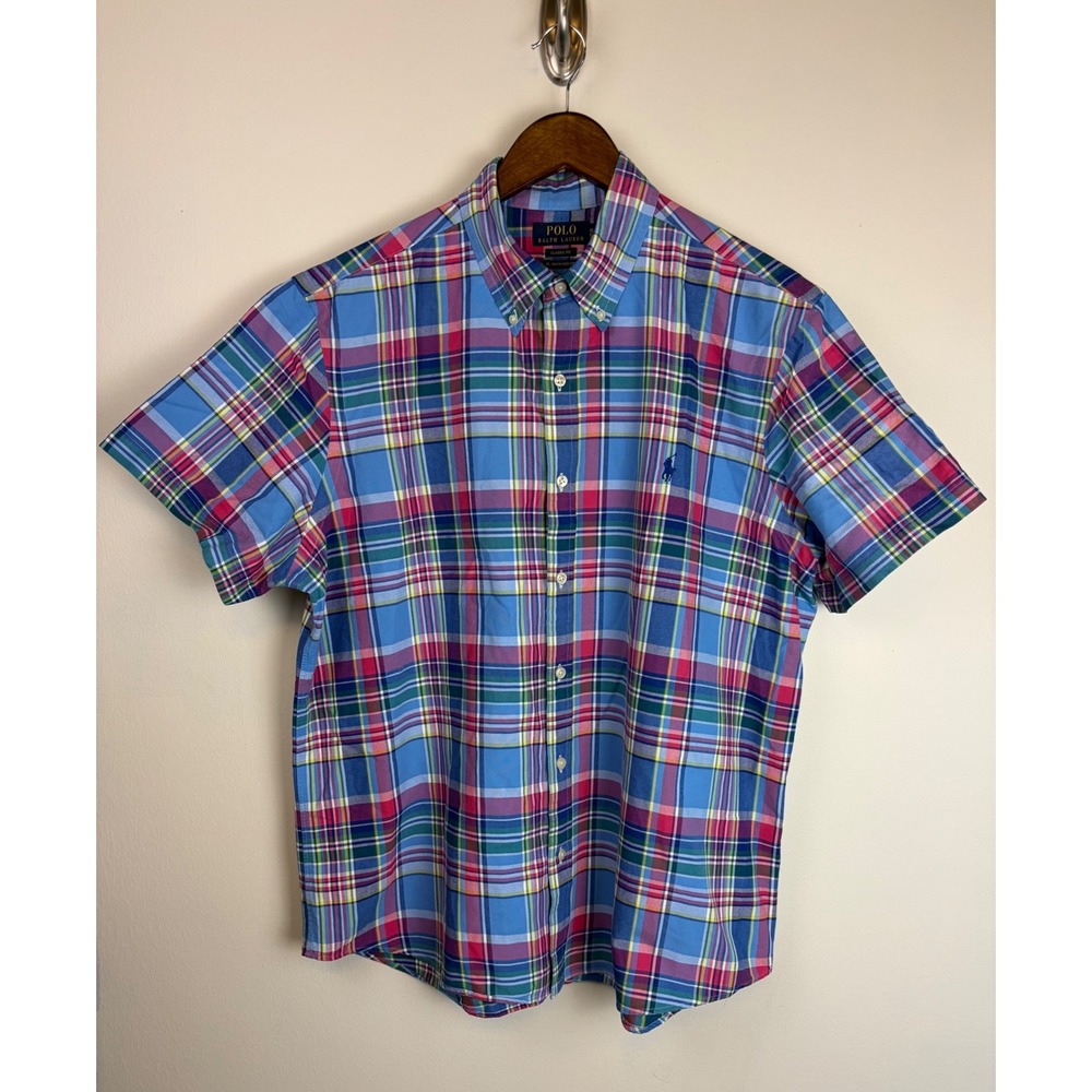 Polo Ralph Lauren Shirt XL Blue Plaid Short Sleeve Classic Untucked Fit Cotton